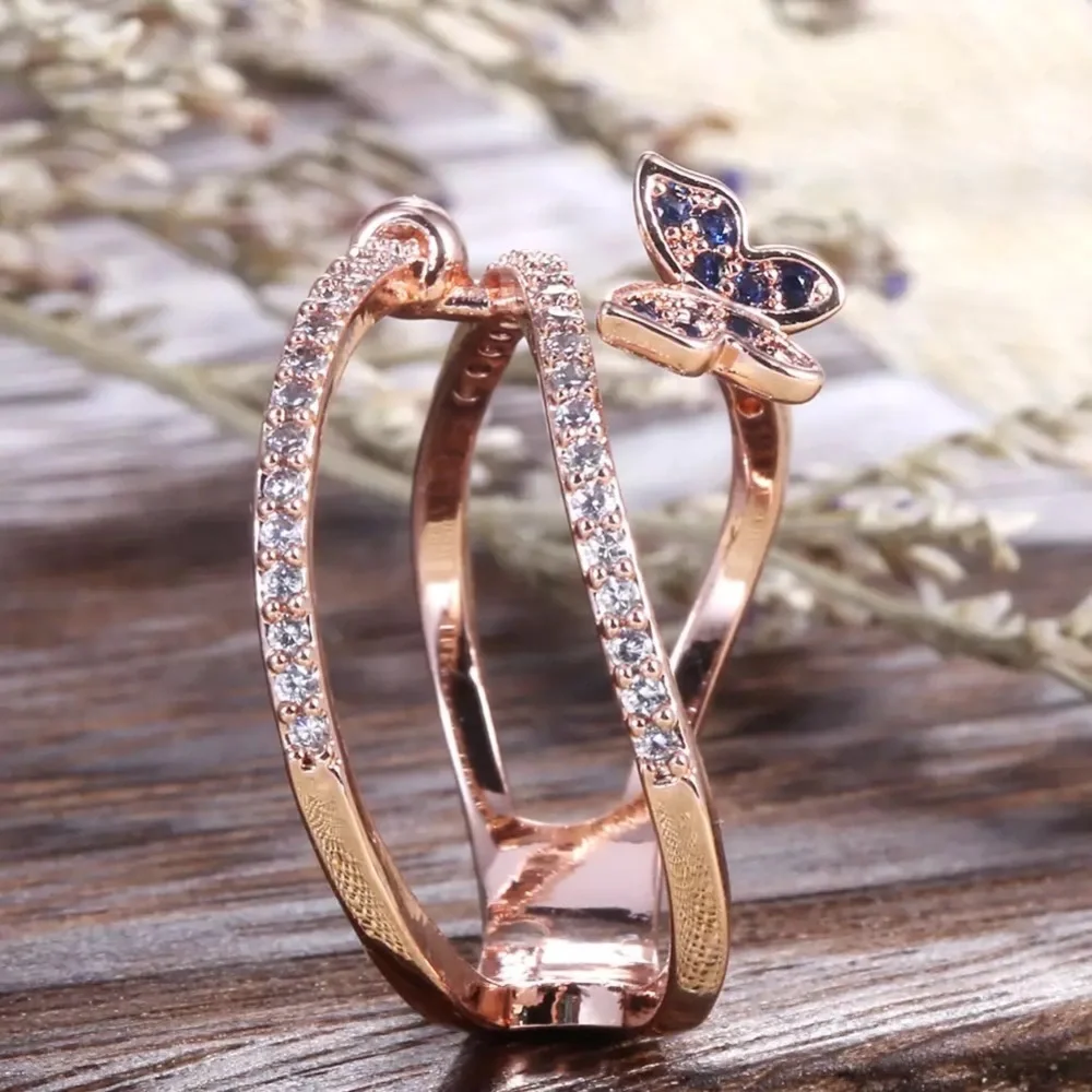New Women’s Rose Gold Plated Butterfly Sapphire Ring - Picture 4 of 6